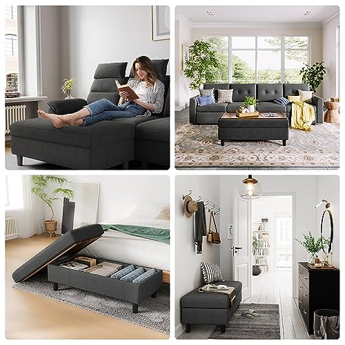 LINSY HOME 46 Inches Wide Storage Ottoman Bench, Linen Coffee Table Long Shoes Bench Footstool, Storage Chest, Foot Rest Stool, for The Living Room, Entryway and Family Room, Dark Gray