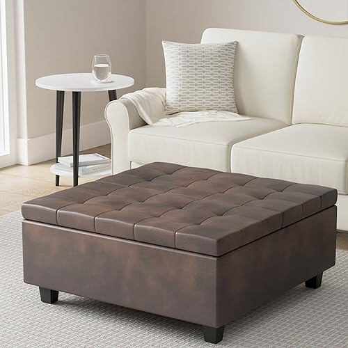 SIMPLIHOME Harrison 36 Inch Wide Square Coffee Table Lift Top Storage Ottoman in Upholstered Distressed Brown Tufted Faux Leather, For the Living Room, Transitional