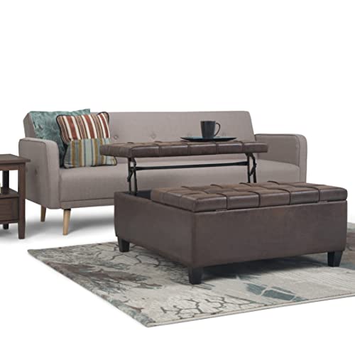 SIMPLIHOME Harrison 36 Inch Wide Square Coffee Table Lift Top Storage Ottoman in Upholstered Distressed Brown Tufted Faux Leather, For the Living Room, Transitional