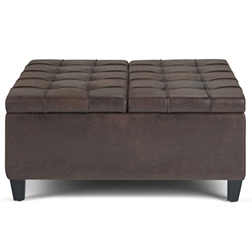 SIMPLIHOME Harrison 36 Inch Wide Square Coffee Table Lift Top Storage Ottoman in Upholstered Distressed Brown Tufted Faux Leather, For the Living Room, Transitional