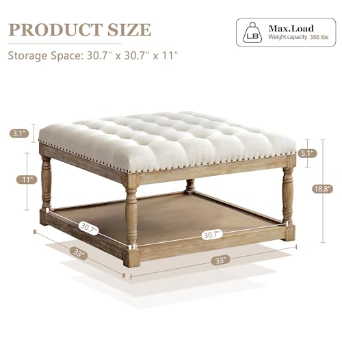 HUIMO 33-inch Large Square Ottoman Coffee Tables for Living Room, Tufted Upholstered Linen Ottoman with Storage Shelf and Solid Legs for Office Bedroom Farmhouse (Beige)