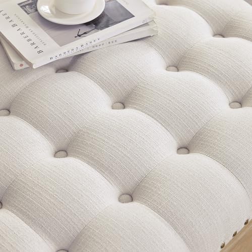 HUIMO 33-inch Large Square Ottoman Coffee Tables for Living Room, Tufted Upholstered Linen Ottoman with Storage Shelf and Solid Legs for Office Bedroom Farmhouse (Beige)