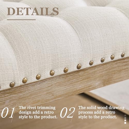 HUIMO 33-inch Large Square Ottoman Coffee Tables for Living Room, Tufted Upholstered Linen Ottoman with Storage Shelf and Solid Legs for Office Bedroom Farmhouse (Beige)