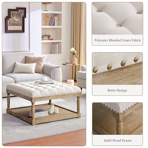 HUIMO 33-inch Large Square Ottoman Coffee Tables for Living Room, Tufted Upholstered Linen Ottoman with Storage Shelf and Solid Legs for Office Bedroom Farmhouse (Beige)