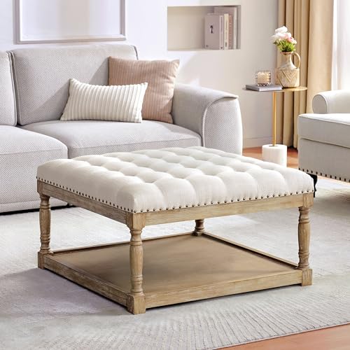 HUIMO 33-inch Large Square Ottoman Coffee Tables for Living Room, Tufted Upholstered Linen Ottoman with Storage Shelf and Solid Legs for Office Bedroom Farmhouse (Beige)