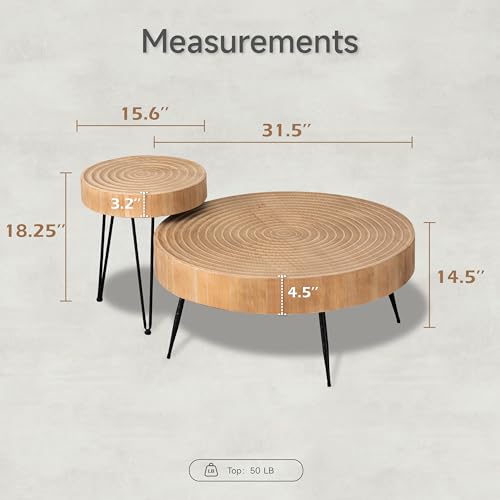 COZAYH 2-Piece Modern Farmhouse Living Room Coffee Table Set, Nesting Table Round Natural Finish with Handcrafted Wood Ring Motif, Wood Colour