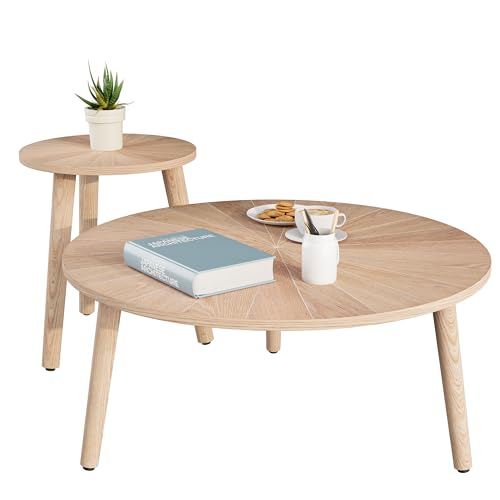 VVFLU Solid Wood Round Coffee Table Set, Small Coffee Tables for Living Room, Oak Farmhouse Circle Coffee Table, Round Side Table Cutting Line Finish, Nature Wood