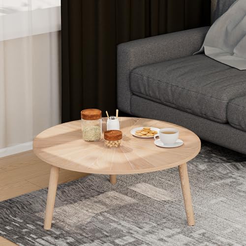 VVFLU Solid Wood Round Coffee Table Set, Small Coffee Tables for Living Room, Oak Farmhouse Circle Coffee Table, Round Side Table Cutting Line Finish, Nature Wood