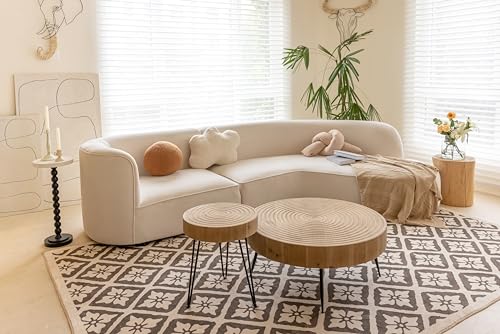 COZAYH 2-Piece Modern Farmhouse Living Room Coffee Table Set, Nesting Table Round Natural Finish with Handcrafted Wood Ring Motif, Wood Colour