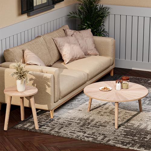 VVFLU Solid Wood Round Coffee Table Set, Small Coffee Tables for Living Room, Oak Farmhouse Circle Coffee Table, Round Side Table Cutting Line Finish, Nature Wood