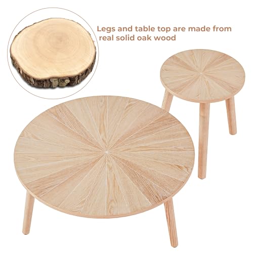 VVFLU Solid Wood Round Coffee Table Set, Small Coffee Tables for Living Room, Oak Farmhouse Circle Coffee Table, Round Side Table Cutting Line Finish, Nature Wood
