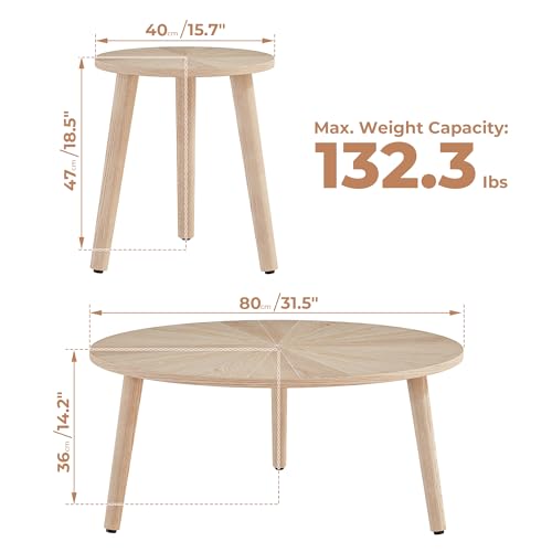 VVFLU Solid Wood Round Coffee Table Set, Small Coffee Tables for Living Room, Oak Farmhouse Circle Coffee Table, Round Side Table Cutting Line Finish, Nature Wood