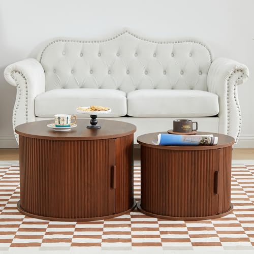 Coffee Table, Modern Round Coffee Table Set of 2 with Storage Compartment and Sliding Door, Side End Accent Table for Living Room, Bedroom, Apartment, Office (Walnut)