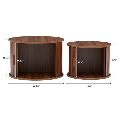 Coffee Table, Modern Round Coffee Table Set of 2 with Storage Compartment and Sliding Door, Side End Accent Table for Living Room, Bedroom, Apartment, Office (Walnut)