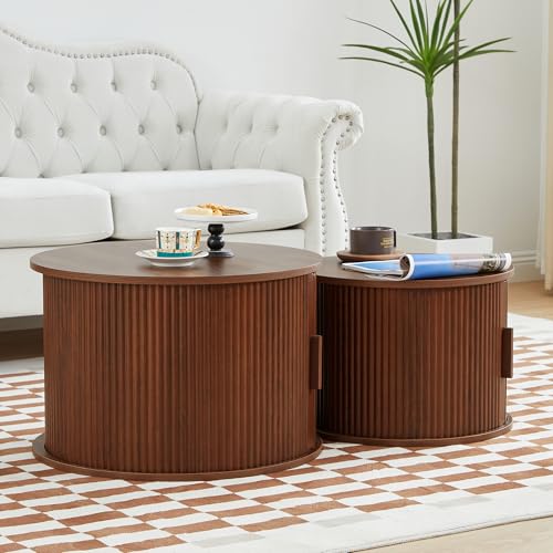 Coffee Table, Modern Round Coffee Table Set of 2 with Storage Compartment and Sliding Door, Side End Accent Table for Living Room, Bedroom, Apartment, Office (Walnut)