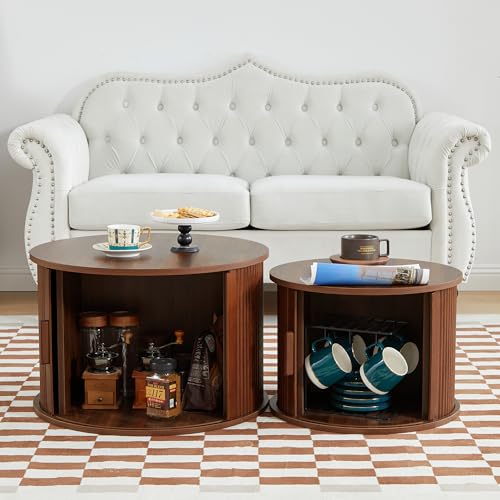 Coffee Table, Modern Round Coffee Table Set of 2 with Storage Compartment and Sliding Door, Side End Accent Table for Living Room, Bedroom, Apartment, Office (Walnut)