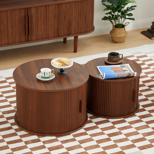 Coffee Table, Modern Round Coffee Table Set of 2 with Storage Compartment and Sliding Door, Side End Accent Table for Living Room, Bedroom, Apartment, Office (Walnut)