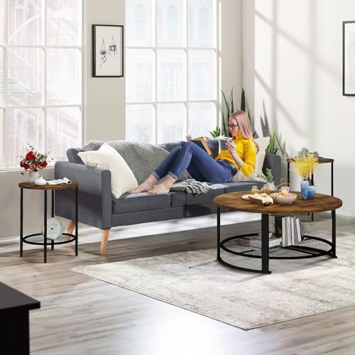 Recaceik Coffee Table Set, Coffee Table & Two End Side Table, Modern 3-Piece Living Room Table Set for Office, Living Room, Apartment, Small Space, Easy Assembly Furniture, Rustic Brown