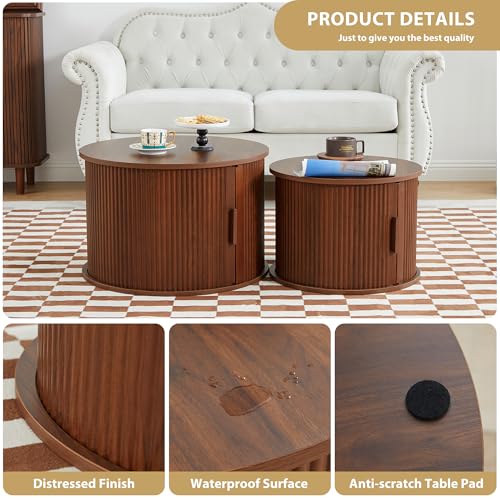 Coffee Table, Modern Round Coffee Table Set of 2 with Storage Compartment and Sliding Door, Side End Accent Table for Living Room, Bedroom, Apartment, Office (Walnut)