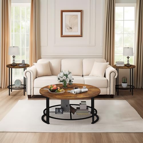 Recaceik Coffee Table Set, Coffee Table & Two End Side Table, Modern 3-Piece Living Room Table Set for Office, Living Room, Apartment, Small Space, Easy Assembly Furniture, Rustic Brown