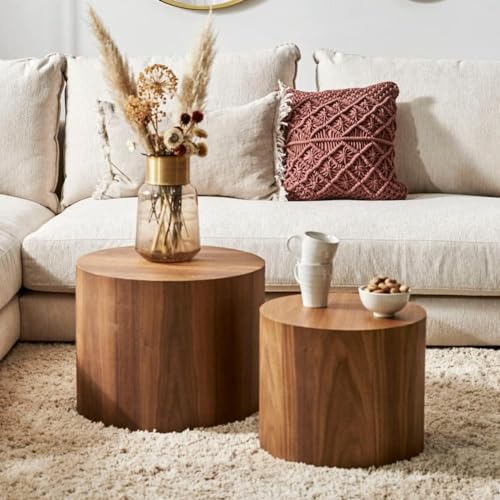 Nesting Coffee Table Set of 2, Modern Round Coffee Table with Non-Slip Feet, Walnut Wooden Circle Accent Tables for Small Spaces Living Room Bedroom Balcony Office Drum Side Table (Walnut)