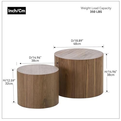 Nesting Coffee Table Set of 2, Modern Round Coffee Table with Non-Slip Feet, Walnut Wooden Circle Accent Tables for Small Spaces Living Room Bedroom Balcony Office Drum Side Table (Walnut)