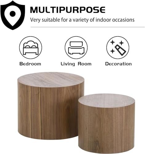 Nesting Coffee Table Set of 2, Modern Round Coffee Table with Non-Slip Feet, Walnut Wooden Circle Accent Tables for Small Spaces Living Room Bedroom Balcony Office Drum Side Table (Walnut)