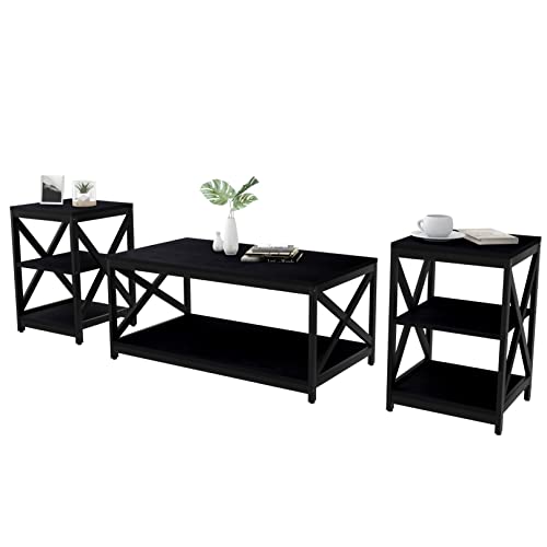 Bigbiglife Living Room Coffee Table Set of 3, Industrial X-Design Coffee Table and 2 End Side Tables, 3 Piece Living Room Table Set with Large Storage for Apartment Home (Black)