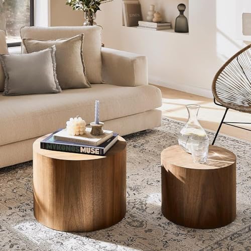 Nesting Coffee Table Set of 2, Modern Round Coffee Table with Non-Slip Feet, Walnut Wooden Circle Accent Tables for Small Spaces Living Room Bedroom Balcony Office Drum Side Table (Walnut)