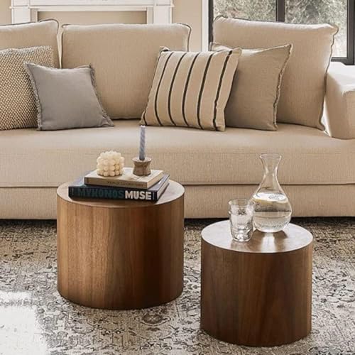 Nesting Coffee Table Set of 2, Modern Round Coffee Table with Non-Slip Feet, Walnut Wooden Circle Accent Tables for Small Spaces Living Room Bedroom Balcony Office Drum Side Table (Walnut)