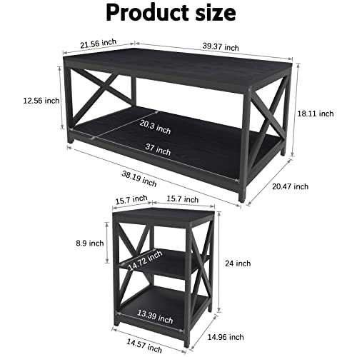 Bigbiglife Living Room Coffee Table Set of 3, Industrial X-Design Coffee Table and 2 End Side Tables, 3 Piece Living Room Table Set with Large Storage for Apartment Home (Black)