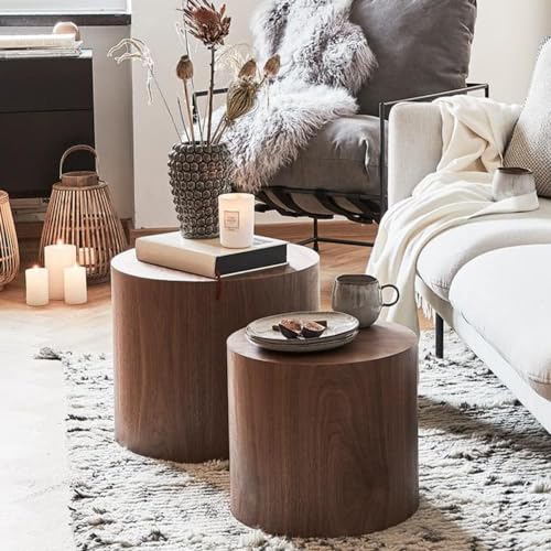 Nesting Coffee Table Set of 2, Modern Round Coffee Table with Non-Slip Feet, Walnut Wooden Circle Accent Tables for Small Spaces Living Room Bedroom Balcony Office Drum Side Table (Walnut)