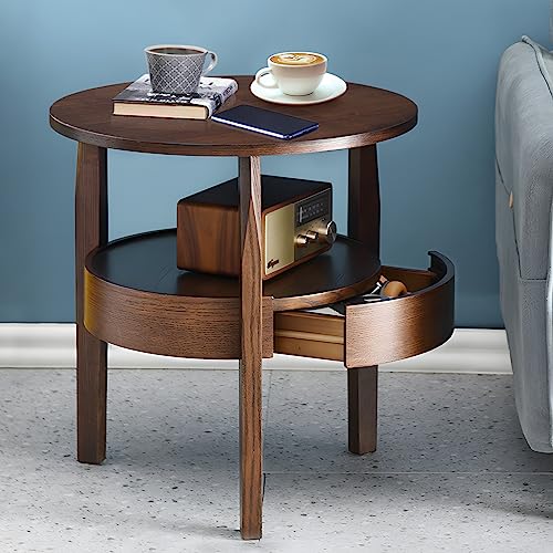 Round Coffee Table with Hidden Drawer - 20" D x 20" H Small Natural Wood Side Table with Drawer, 2-Tier Rustic Retro End Table with Storage, Brown Small Coffee Table for Living Room, Dark Brown