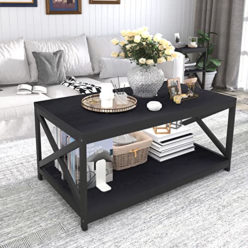 Bigbiglife Living Room Coffee Table Set of 3, Industrial X-Design Coffee Table and 2 End Side Tables, 3 Piece Living Room Table Set with Large Storage for Apartment Home (Black)