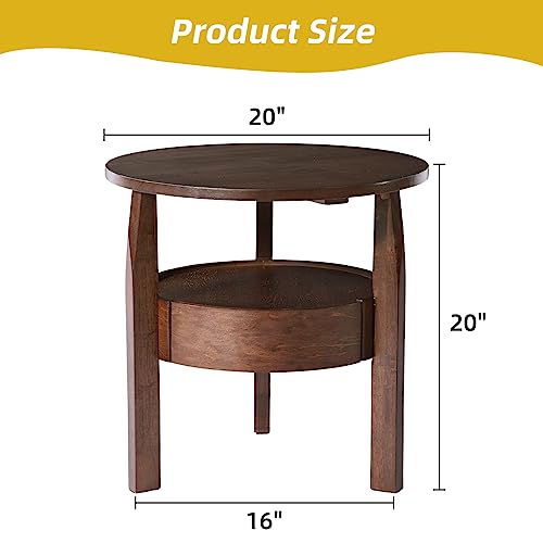Round Coffee Table with Hidden Drawer - 20" D x 20" H Small Natural Wood Side Table with Drawer, 2-Tier Rustic Retro End Table with Storage, Brown Small Coffee Table for Living Room, Dark Brown
