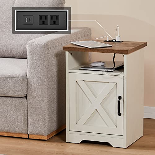 AMERLIFE 3-Piece Farmhouse Table Set Includes Coffee Table& Two End Tables, Side Table with Charging Station and USB Ports, for Living Room, Bedroom, Distressed White
