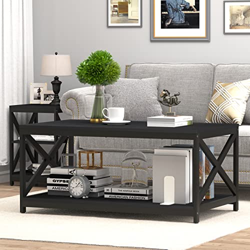Bigbiglife Living Room Coffee Table Set of 3, Industrial X-Design Coffee Table and 2 End Side Tables, 3 Piece Living Room Table Set with Large Storage for Apartment Home (Black)