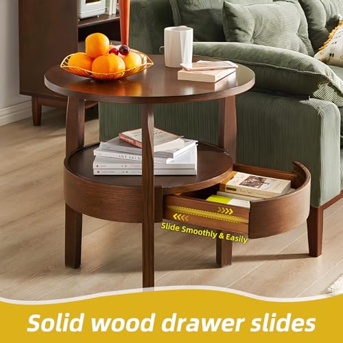 Round Coffee Table with Hidden Drawer - 20" D x 20" H Small Natural Wood Side Table with Drawer, 2-Tier Rustic Retro End Table with Storage, Brown Small Coffee Table for Living Room, Dark Brown