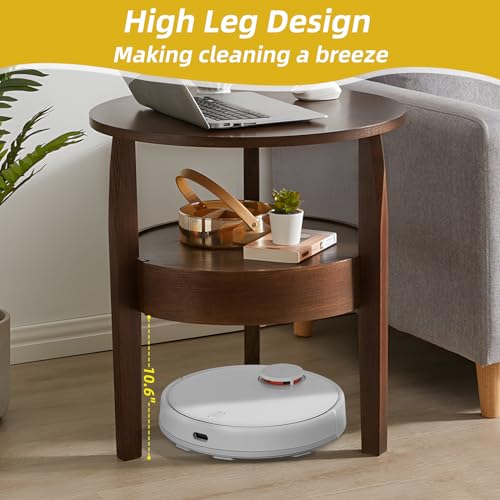 Round Coffee Table with Hidden Drawer - 20" D x 20" H Small Natural Wood Side Table with Drawer, 2-Tier Rustic Retro End Table with Storage, Brown Small Coffee Table for Living Room, Dark Brown