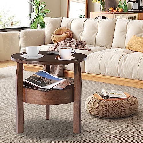 Round Coffee Table with Hidden Drawer - 20" D x 20" H Small Natural Wood Side Table with Drawer, 2-Tier Rustic Retro End Table with Storage, Brown Small Coffee Table for Living Room, Dark Brown