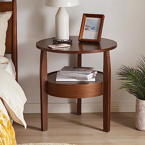 Round Coffee Table with Hidden Drawer - 20" D x 20" H Small Natural Wood Side Table with Drawer, 2-Tier Rustic Retro End Table with Storage, Brown Small Coffee Table for Living Room, Dark Brown