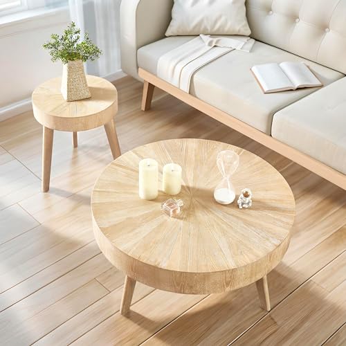 DS-HOMEPORT Nesting Round Oak Wood Coffee Table Set of 2 for Living Room - Wooden Circle Coffee Table ＆ End Table Side Tables for Apartment (Light Brown,31x31x14 in)