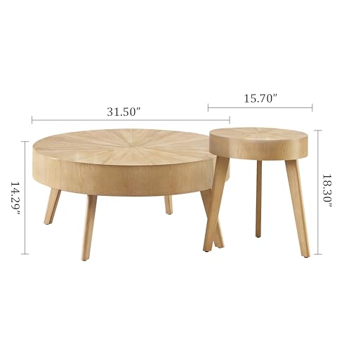 DS-HOMEPORT Nesting Round Oak Wood Coffee Table Set of 2 for Living Room - Wooden Circle Coffee Table ＆ End Table Side Tables for Apartment (Light Brown,31x31x14 in)