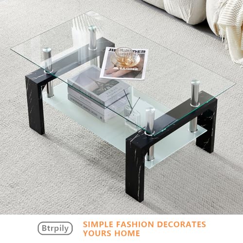 Living Room Rectangle Coffee Table, Tea Table Suitable for Waiting Room, Modern Side Coffee Table with Wooden Leg, Glass Tabletop with Lower Shelf, Black Marble Leg.