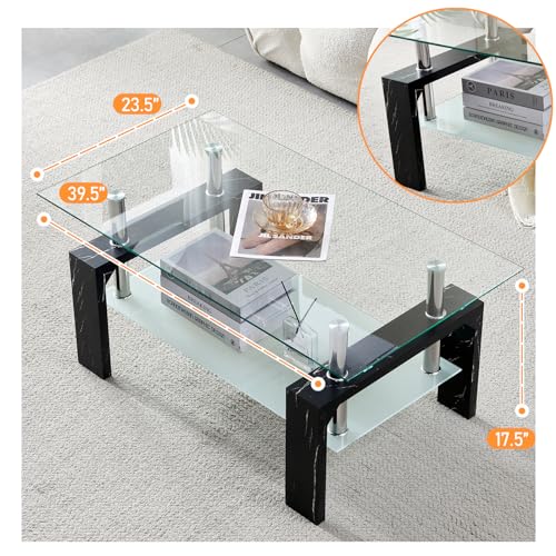 Living Room Rectangle Coffee Table, Tea Table Suitable for Waiting Room, Modern Side Coffee Table with Wooden Leg, Glass Tabletop with Lower Shelf, Black Marble Leg.