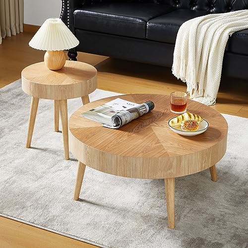 2-Piece Modern Farmhouse Living Room Coffee Table Set, Modern Wood Grain Pattern Natural Wood Finish Side Table and End Table Set for Living Room, Bedroom, Cafe, Office, Wood Color