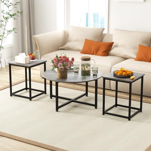COSTWAY Coffee Table Set of 3, Wood Grain Round Coffee Table and 2 Square End Side Tables with Metal Frame, Modern 3-Piece Living Room Tables Set for Small Space, Apartment (Gray & Black)