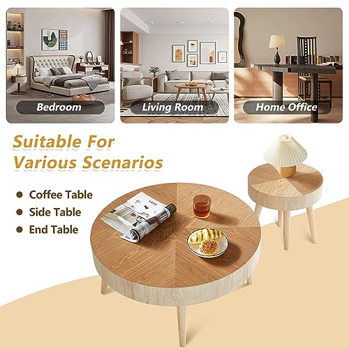 2-Piece Modern Farmhouse Living Room Coffee Table Set, Modern Wood Grain Pattern Natural Wood Finish Side Table and End Table Set for Living Room, Bedroom, Cafe, Office, Wood Color