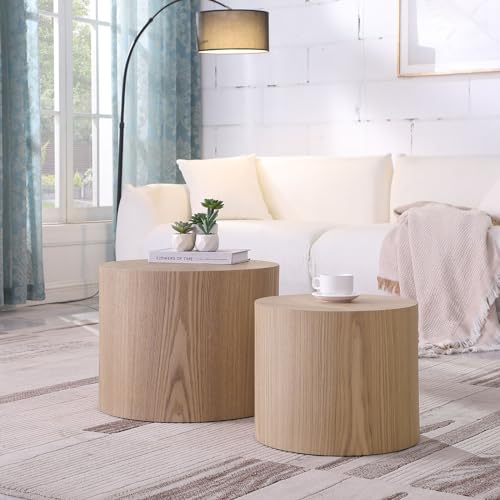 KEVINSPACE Nesting Coffee Table Set of 2, Round Nesting Tables Wooden End Tables for Small Space, Modern Side Tables Set for Living Room, Office, No Need Assembly, Wood Color