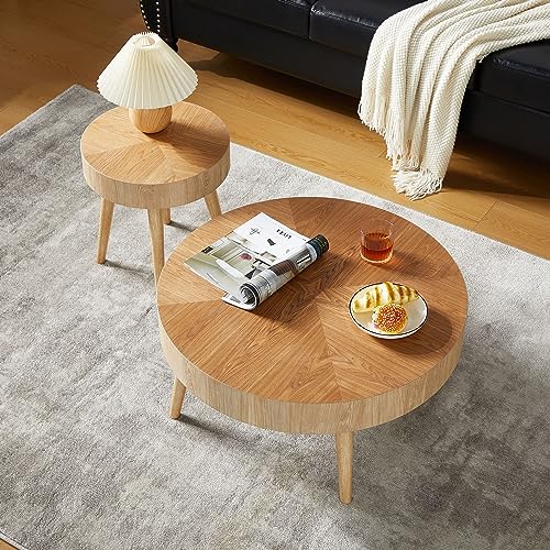 2-Piece Modern Farmhouse Living Room Coffee Table Set, Modern Wood Grain Pattern Natural Wood Finish Side Table and End Table Set for Living Room, Bedroom, Cafe, Office, Wood Color